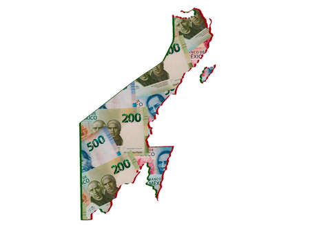 mexican banknotes forming and the map of Quintana Roo State and white backgroundの写真素材