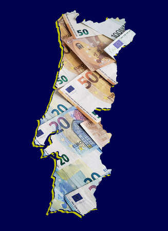 european banknotes forming and the map of Portugal and blue background