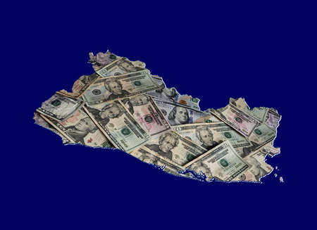 american dollar banknotes forming and the map of El Salvador and blue backgroundの写真素材