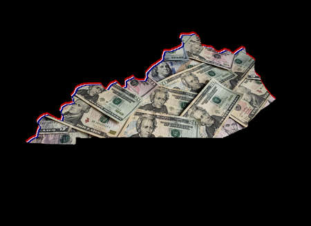 american dollar banknotes forming and the map of Kentucky State and black backgroundの写真素材
