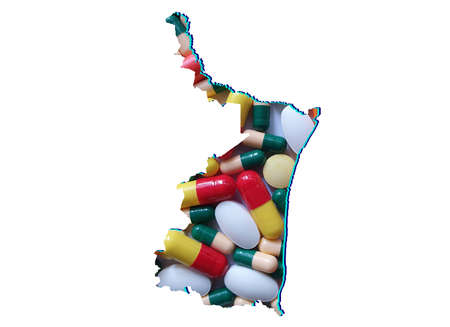 map of Tamaulipas state with medicine pills and white backgroundの写真素材