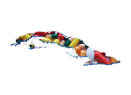 map of Cuba with medicine pills and white backgroundの写真素材