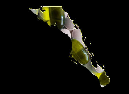 map of Baja California Sur state with medicine pills and black background