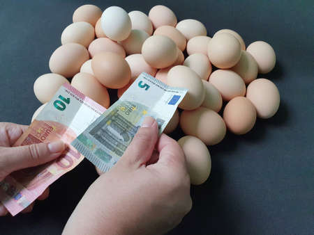 hand of a person paying with european money for organic chicken eggの写真素材