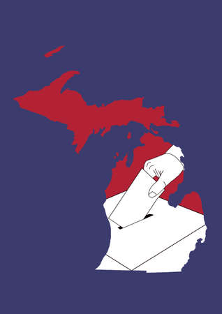 hand casting a vote in a ballot box, with a map of the State of Michigan in red and blue backgroundの写真素材