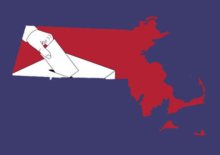 hand casting a vote in a ballot box, with a map of the State of Massachusetts in red and blue backgroundの写真素材