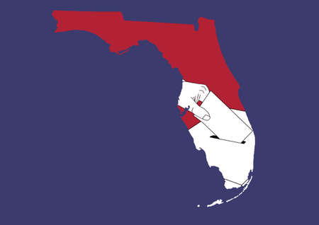 hand casting a vote in a ballot box, with a map of the State of Florida in red and blue backgroundの写真素材