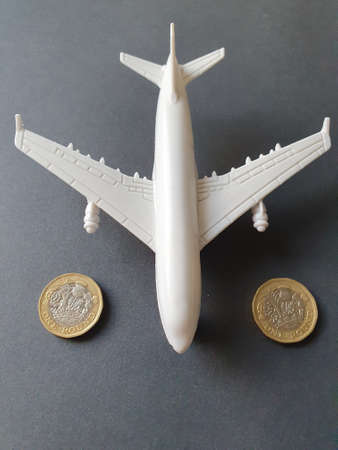 figure of a white plastic plane and coins of one sterling pound