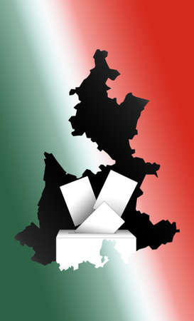illustration of voting papers and a ballot box with the map of the State of Pueblaの写真素材