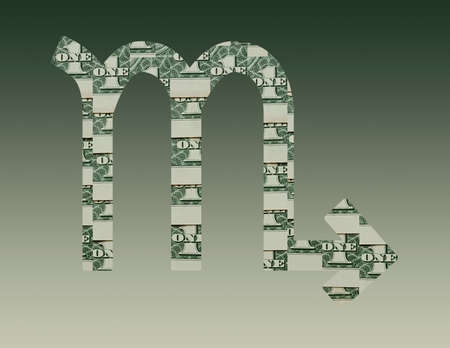 zodiac sign of scorpio formed with american one dollar bills and green gradient color background