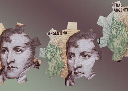 illustration of gears with argentine money, representing the functioning of an organization in the...