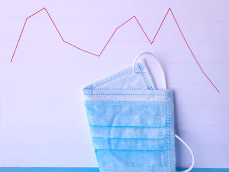 disposable blue face mask and background with a line graph of decreasing trend