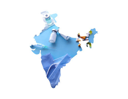map of India formed with a picture of health care objects and white backgroundの写真素材