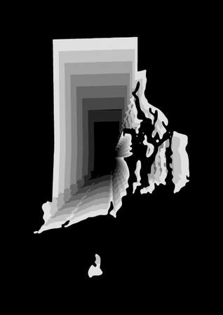 layered digital illustration of map of State of Rhode Island in gray gradient colors and black backgroundの写真素材