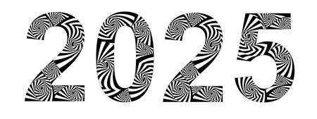number 2025 in abstract style in black and white colors with spiral effects