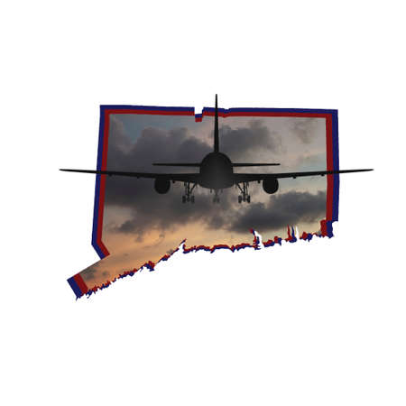 illustration of the silhouette of an airplane on the map of the State of Connecticut with the image of the skyの写真素材