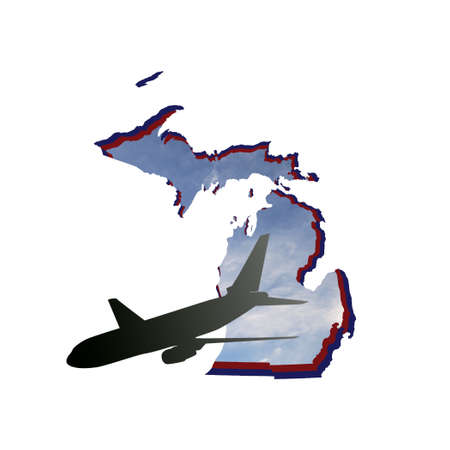 illustration of the silhouette of an airplane on the map of the State of Michigan with the image of the skyの写真素材