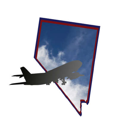 illustration of the silhouette of an airplane on the map of the State of Nevada with the image of the skyの写真素材