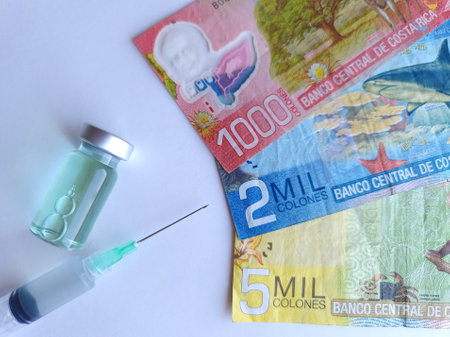 Costa Rica banknotes, syringe and bottle with medicineの写真素材
