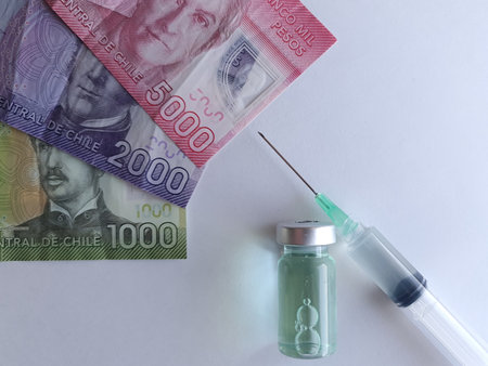 chilean banknotes, syringe and bottle with medicineの写真素材