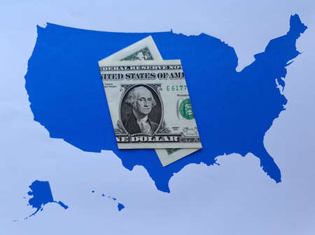 american one dollar banknote and background with United States map silhouette