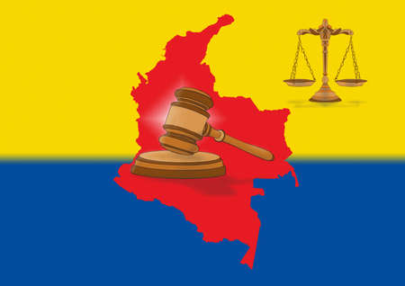 illustration of a map of Colombia with a mallet of judge and a scaleの写真素材
