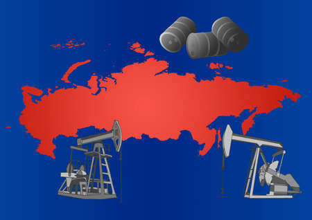 illustration with a map of Russia, oil extraction machines and barrelsの写真素材