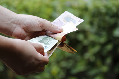 hands of a woman counting mexican banknotes in a gardenの写真素材