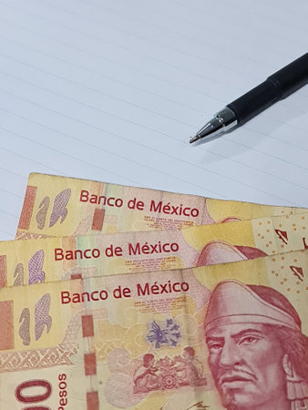 approach to mexican bills of 100 pesos and pen on the white backgroundの写真素材