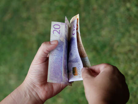 hand of a woman holding and counting swedish banknotes in a parkの写真素材