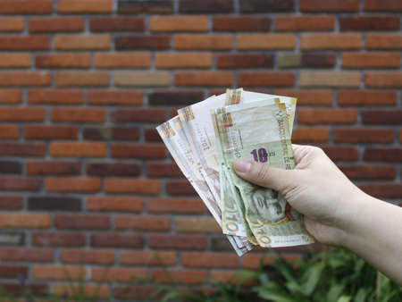 hand of a woman holding peruvian banknotes and background with a brick wallの写真素材