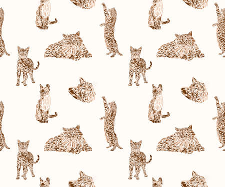 digital illustration of cat theme pattern in brown colorsの写真素材