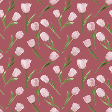digital seamless pattern with tulip flower drawings in light pink colorの写真素材
