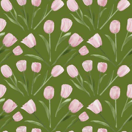 digital seamless pattern with tulip flower drawings in light pink color and green backgroundの写真素材