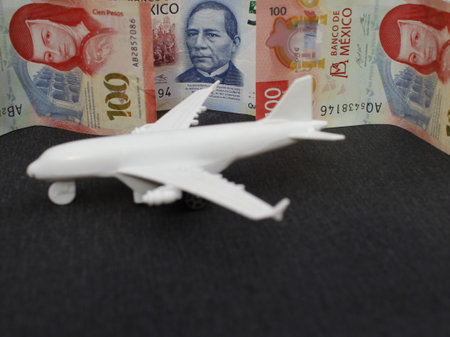 mexican banknotes and figure of a white planeの写真素材