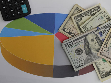 american dollars banknotes, calculator and circular graph with color divisionsの写真素材