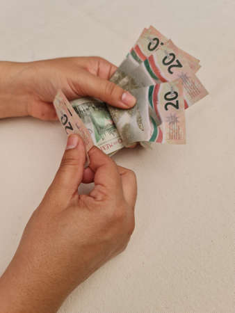 hands of a woman holding and counting mexican banknotesの写真素材