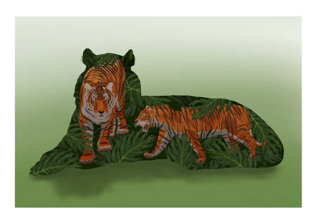 digital illustration with brown tigers and vegetation inside a silhouette