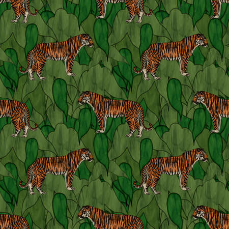 seamless pattern of brown tigers with stained glass style and textureの写真素材