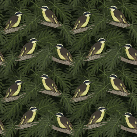 digital seamless pattern with yellow birds with dark brown among green foliageの写真素材