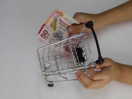 hands of a young woman holding mexican banknotes and a shopping cart