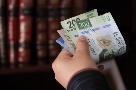 hands of a woman holding mexican banknotes and books in the backgroundの写真素材