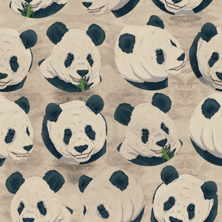 seamless pattern design with cartoon panda bears faces and watercolor texture for decorationの写真素材