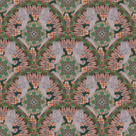 digital seamless pattern of stacked mandalas with elephant heads in various colors