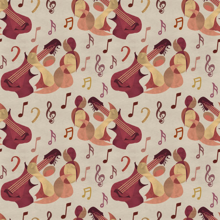 digital seamless pattern of abstract drawing style of a guitar player in brown colors and watercolor textureの写真素材