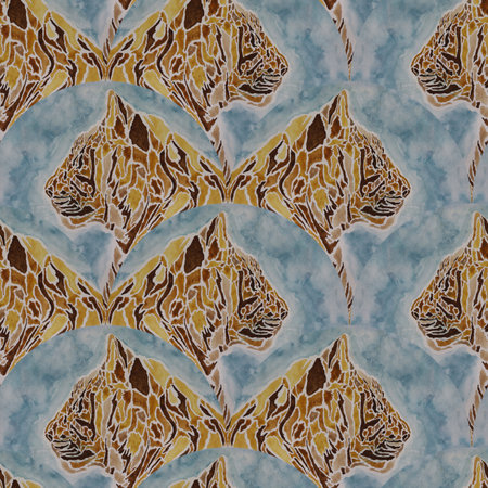 seamless pattern of tiger heads with watercolor texture in brown and blue colorsの写真素材