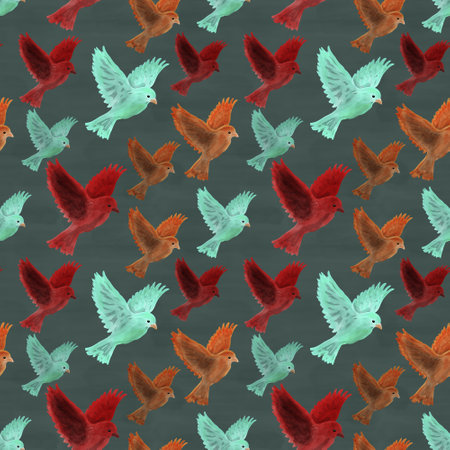 seamless pattern of blue, red and orange doves on a dark green backgroundの写真素材