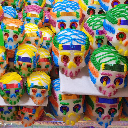 traditional sweet skulls for the celebration of the Day of the Dead in the downtown area of ââTolucaの写真素材