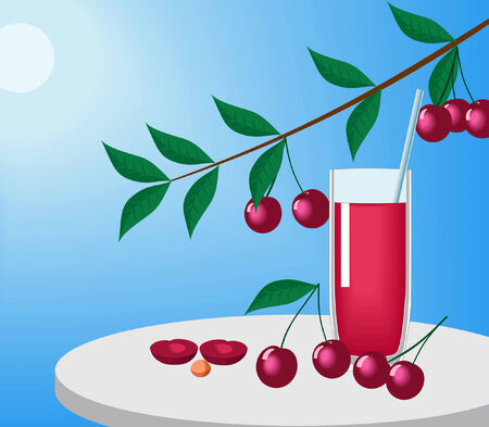 Cherries and juice in a glass are shown in the imageのイラスト素材