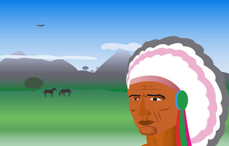 Indian on the background of the North American prairies is shown in the pictureのイラスト素材